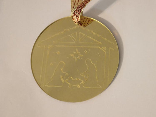 Engraved Gold Reflective Manger Christmas ornaments